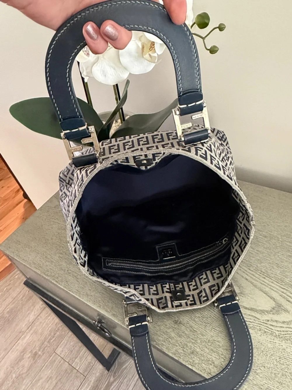 Fendi Zucca Logo Tote in Navy and Beige Canvas